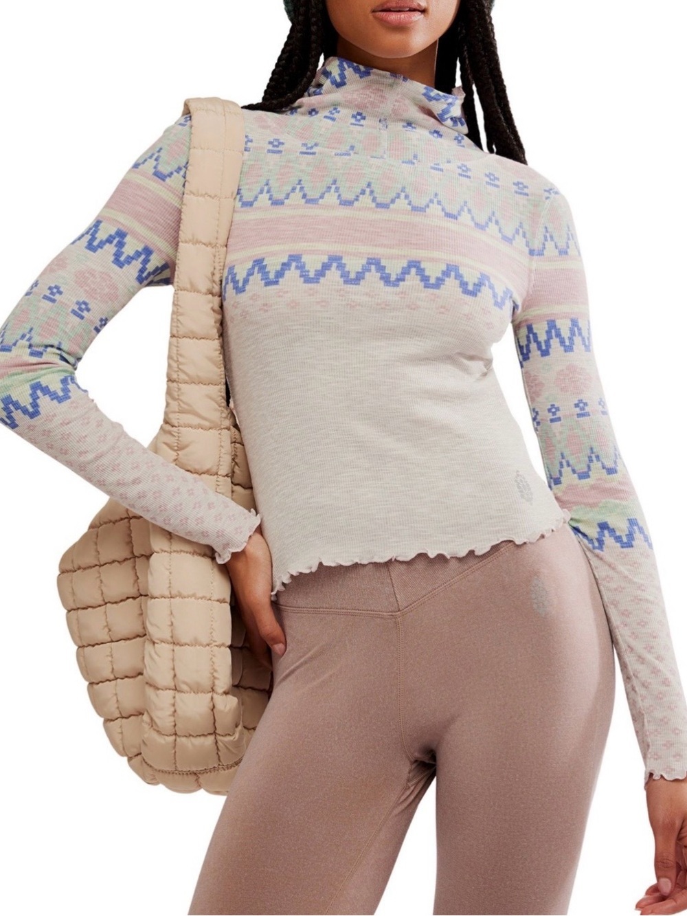 FP Movement Breathe Easy Hooded Layer Top NWT Plaid Fairisle Titan Grey Pattern